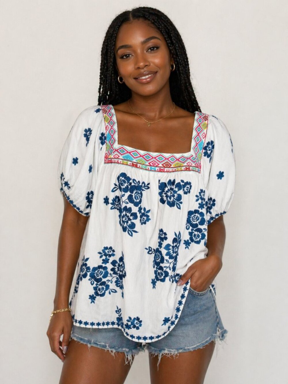 Savanna Jane Embroidered Floral Square Neck Boho Peasant Pullover Top Sz 1X